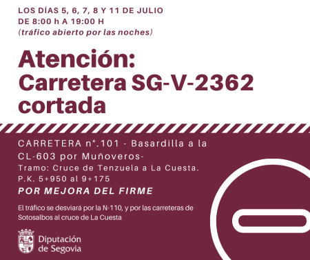 Imagen La mejora del firme en la carretera de Basardilla a la CL-603 por Muñoveros obligará a la Diputación a realizar cortes de tráfico los días 5, 6, 7, 8 y 11 de julio